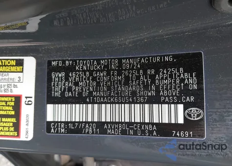 2025 Toyota Camry Le из США, поврежденный, VIN 4T1DAACK6SU541367